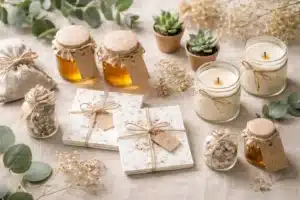 wedding favours | Eco-friendly wedding favours arranged for an Instagram post, featuring small glass jars of honey, plantable seed paper cards tied with twine, soy candles in reusable jars, and potted succulents on a natural linen background with soft botanical accents.