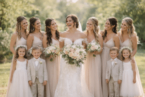 Bride standing at the centre of her bridal retinue in a garden, surrounded by six bridesmaids in pastel dresses with a flower girl and page boy on each side, captured in a joyful, candid moment under soft natural light.