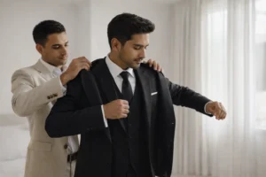 best man | Groom in a black statement wedding suit being helped into his jacket by his best man in a bright bridal suite, capturing a calm, elegant getting-ready moment before a Sri Lankan wedding ceremony.