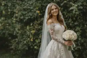 Vintage bridal | Smiling bride wearing a vintage-inspired lace wedding gown with off-shoulder sleeves and a long veil, holding a bouquet of white roses while standing in front of lush green garden foliage.