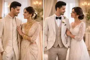 Groom Outfit | Sri Lankan bride and groom standing side by side in two styling variations—one with closely matched ivory outfits and another with subtly coordinated tones—inside an elegant, softly lit wedding venue.