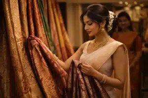 Tamil Bridal Saree | Sri Lankan Tamil bride-to-be in a saree boutique comparing rich Kanjivaram silk sarees in red and maroon with intricate gold zari work, while a stylist stands in the background.