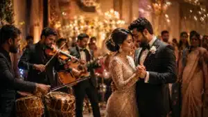 Right music | Sri Lankan bride and groom sharing a romantic moment on the dance floor while a live band plays in the background, surrounded by warm lighting and elegant wedding décor.