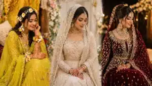 Muslim Wedding | Sri Lankan Muslim bride shown in three looks—bright floral Mehendi outfit, elegant modest Nikah attire with headscarf, and rich embellished Walima outfit—styled in a triptych composition.