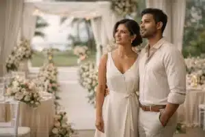 Wedding venue | Sri Lankan couple standing together in an elegant wedding venue, surrounded by soft floral décor and warm lighting, thoughtfully looking around as they explore the space.
