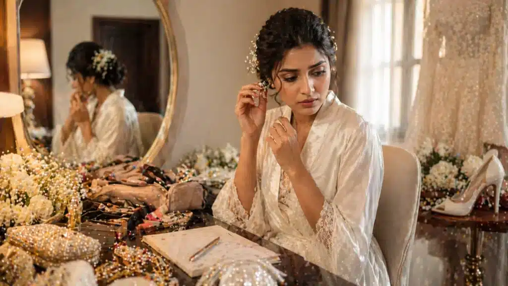 Forget | Sri Lankan bride in a silk robe sitting at a vanity, surrounded by makeup, jewellery, and wedding items, adjusting her earring with a thoughtful expression in a softly lit dressing room.