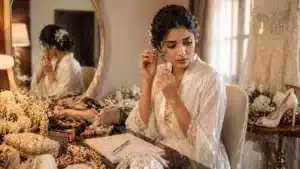 Forget | Sri Lankan bride in a silk robe sitting at a vanity, surrounded by makeup, jewellery, and wedding items, adjusting her earring with a thoughtful expression in a softly lit dressing room.