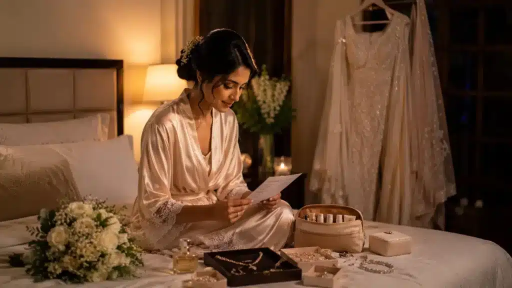 what to do the night before your wedding | Sri Lankan bride-to-be sitting on a bed the night before her wedding, reading a checklist beside her bridal bouquet, jewellery, beauty essentials, and wedding outfit in a softly lit room.