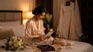 what to do the night before your wedding | Sri Lankan bride-to-be sitting on a bed the night before her wedding, reading a checklist beside her bridal bouquet, jewellery, beauty essentials, and wedding outfit in a softly lit room.