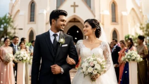 Jaffna Christian wedding guide | Sri Lankan Tamil Christian bride and groom walking happily outside a church after their wedding ceremony, surrounded by family, bridesmaids, flowers, and warm natural light.