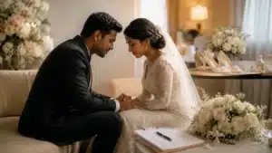 how to avoid wedding day regrets | Sri Lankan bride and groom sharing a quiet emotional moment indoors on their wedding day, holding hands beside soft florals, bridal shoes, and wedding details in a warmly lit elegant setting.