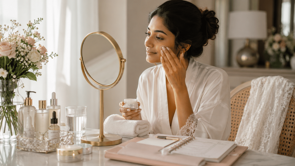 bridal beauty timeline | Sri Lankan bride-to-be applying skincare at a vanity table, surrounded by beauty products, fresh flowers, and a wedding beauty planner, preparing her skin three months before her wedding in a softly lit room.
