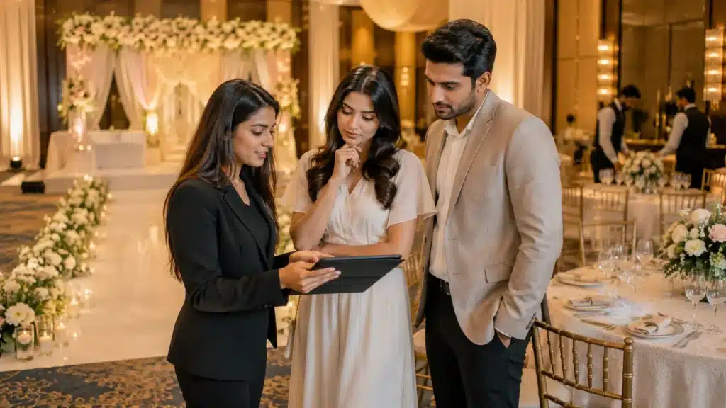 what brides should ask before booking a venue | Sri Lankan bride and groom touring a wedding venue with a planner, reviewing venue details on a tablet while standing among elegant floral décor, banquet tables, and warm ambient lighting.