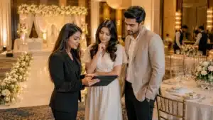 what brides should ask before booking a venue | Sri Lankan bride and groom touring a wedding venue with a planner, reviewing venue details on a tablet while standing among elegant floral décor, banquet tables, and warm ambient lighting.