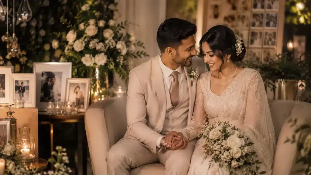 How to make your wedding feel personal | Sri Lankan bride and groom sharing an intimate wedding moment while seated together in a warmly lit venue surrounded by candles, floral décor, framed memories, and personalised wedding details.