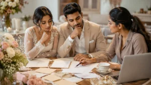 wedding guest list mistakes to avoid | Sri Lankan bride and groom reviewing their wedding guest list with a planner at an elegant table filled with invitation cards, seating charts, flowers, and wedding planning materials, carefully finalising guest invitations before the big day.