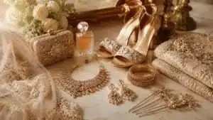 bridal accessories | Close-up of bridal jewellery, bangles, earrings, hair pins, clutch bag, perfume, bridal shoes and embroidered veil arranged on an elegant dressing table in warm gold tones.