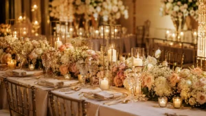 wedding décor ideas | Elegant Sri Lankan wedding reception table with soft floral arrangements, candles, refined tableware, linen napkins and warm golden lighting.