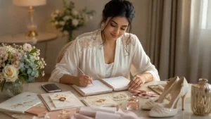 how to avoid last-minute wedding stress | Calm Sri Lankan bride-to-be writing in a wedding planner with bridal shoes, jewellery, flowers, invitations and checklist arranged on an elegant table.