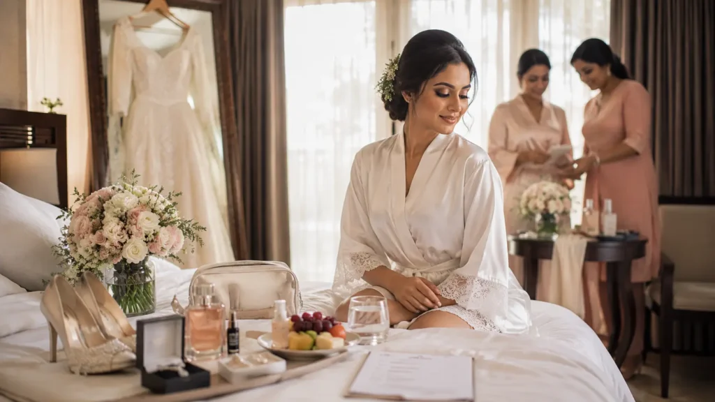 wedding morning checklist for brides | Sri Lankan bride sitting calmly on a bed in a silk robe on her wedding morning, surrounded by bridal shoes, bouquet, perfume, jewellery, light breakfast, water, and a wedding checklist while bridesmaids prepare in the background.