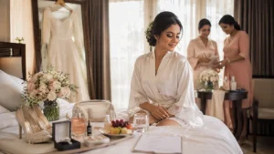 wedding morning checklist for brides | Sri Lankan bride sitting calmly on a bed in a silk robe on her wedding morning, surrounded by bridal shoes, bouquet, perfume, jewellery, light breakfast, water, and a wedding checklist while bridesmaids prepare in the background.