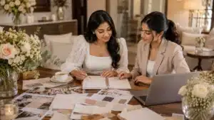 how to plan a wedding without feeling overwhelmed | Sri Lankan bride-to-be calmly planning her wedding with a planner at a styled table, surrounded by a laptop, checklist, invitation samples, venue photos, colour swatches, tea, and soft florals.