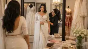 how to choose the right bridal outfit for your body type | Sri Lankan bride-to-be trying on an ivory bridal outfit in a boutique while a stylist adjusts the fit, with gowns, traditional attire, jewellery, fabric swatches, and a mirror around her.
