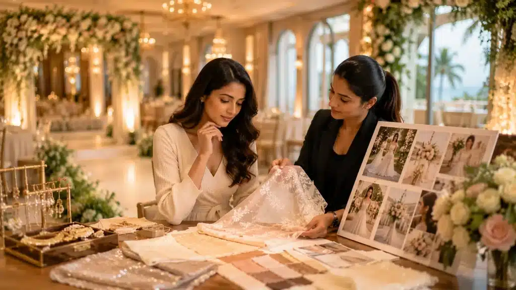 how to choose your bridal look based on venue | Sri Lankan bride-to-be reviewing bridal fabrics, jewellery, and styling inspiration with a wedding planner in an elegant wedding venue, choosing a bridal look that complements the venue’s atmosphere and décor.
