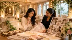 how to choose your bridal look based on venue | Sri Lankan bride-to-be reviewing bridal fabrics, jewellery, and styling inspiration with a wedding planner in an elegant wedding venue, choosing a bridal look that complements the venue’s atmosphere and décor.