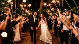 how to plan the perfect wedding day timeline | Bride and groom walking hand in hand through a sparkler exit at an outdoor evening wedding reception, surrounded by cheering guests, warm lights, and a festive celebration atmosphere.