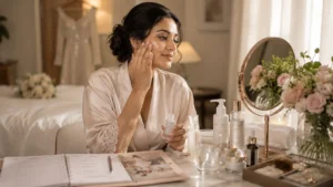 bridal skincare timeline | Sri Lankan bride-to-be applying skincare serum at a vanity with beauty products, fresh flowers, water, and a bridal planner, preparing her skin before the wedding in soft natural light.